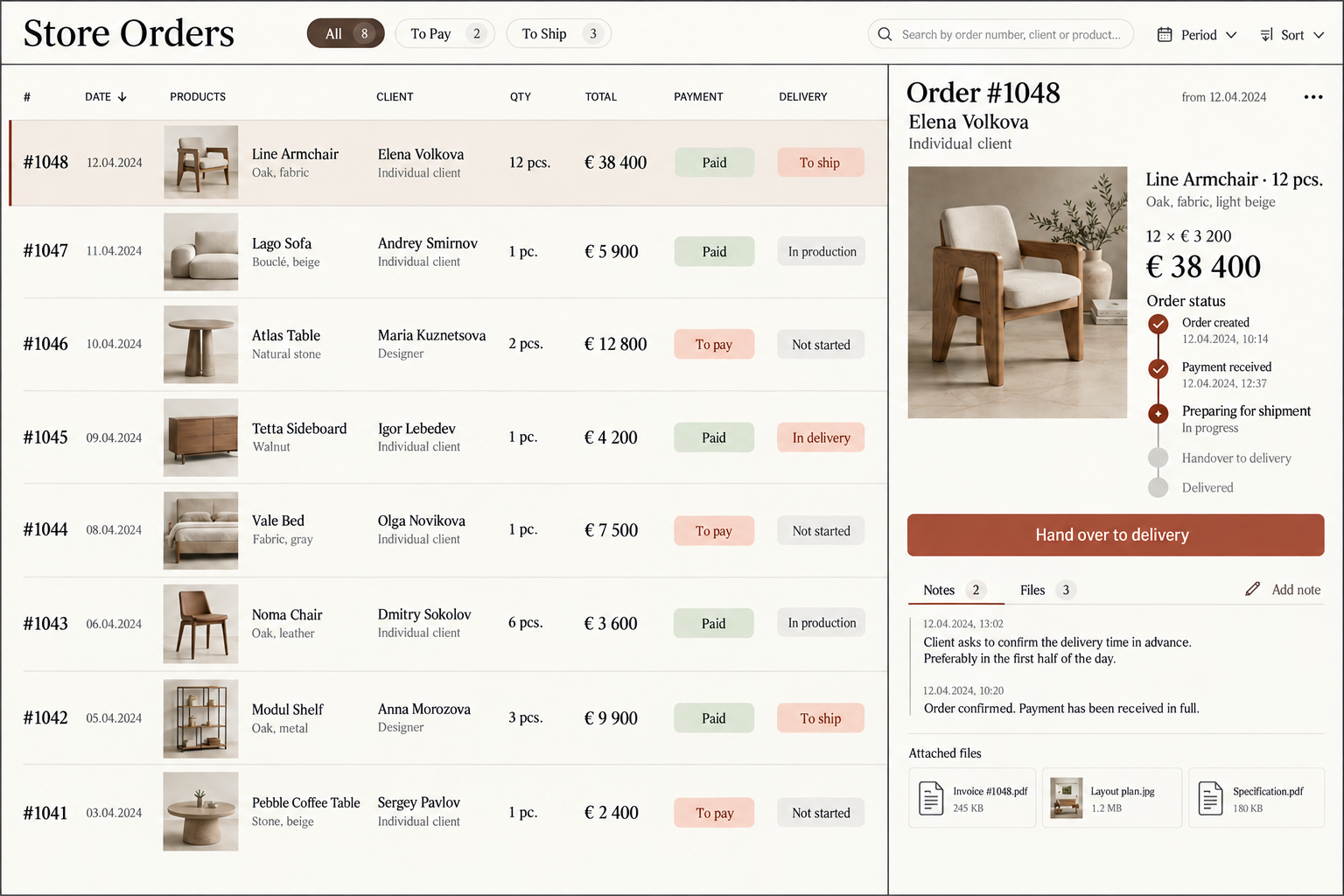 Store orders — demo interface