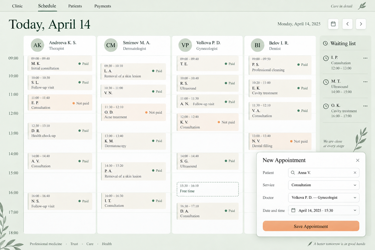 Clinic schedule — demo interface